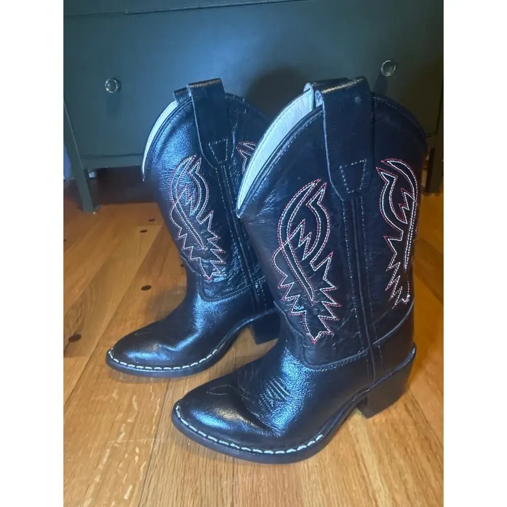Old West 8110 Kids Sz 12 Black Leather Cowboy Western Boots Embroidered